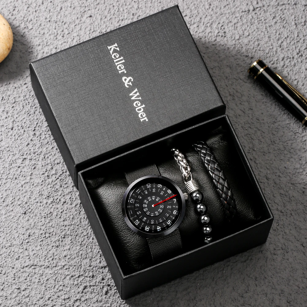 Creative Turntable Watch for Men Bead Bracelet Set Rotation Dial Stainless Steel Mesh Band Quartz Wristwatch Gifts for Boyfriend