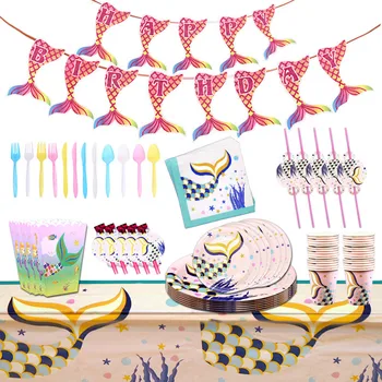 

Mermaid Fish Tail Paper Plate Paper Cup Party Supplies Birthday Tableware Mermaid Tablecloth Balloon Party Decoration