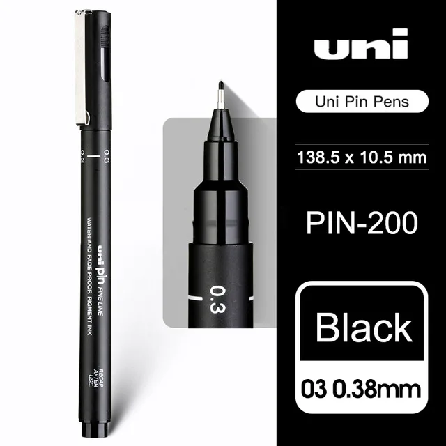 2 шт., ручка для рисования UNI, игла для рисования, для студентов, для рисования, крючок, ручка, штырь-200, водостойкая, для рисования, штрих, для рисования, дизайн линии, черная ручка - Цвет: 0.38mm black