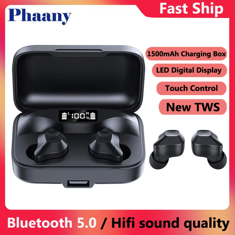 

Phaany Wireless Bluetooth 5.0 TWS Earphone Touch Control Earbuds HiFI Stereo HD Talking LED Digital Display with 1500mAh Battery