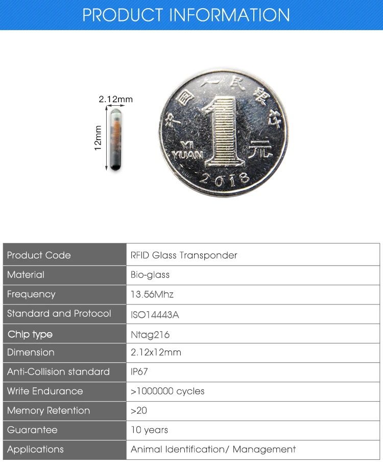 10 шт. NFC чип Rfid тег стекло ПЭТ микрочип 13,56 МГц Ntag 216 2*12 мм ISO 14443A Стандартный животный чип имплантаты для идентификации