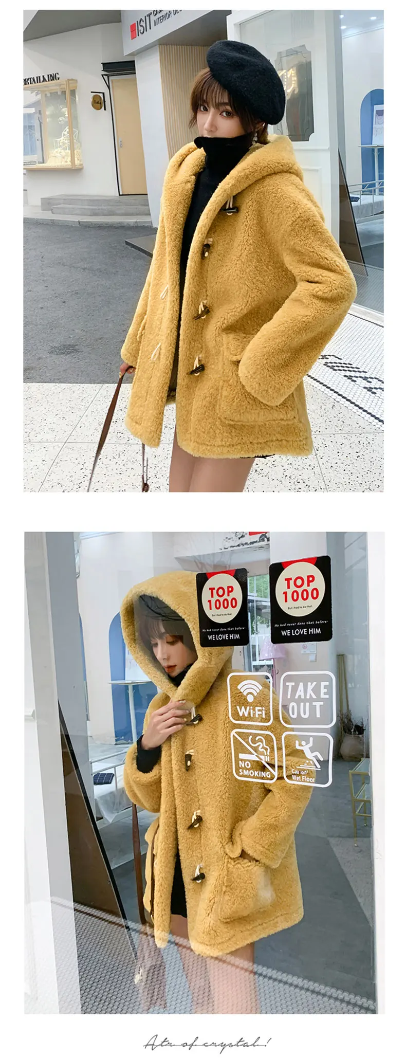 Handmade New design high quality long Wool Coat Hat collar Loose Thickening coat Short style Big button Pocket decoration