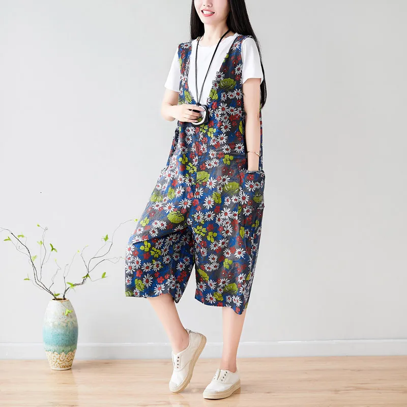 0338 Summer Denim Jumpsuit Women Floral Print Big Pocket Loose Oversize Vintage Jeans Jumpsuit Ladies Vintage Adjustable Strap