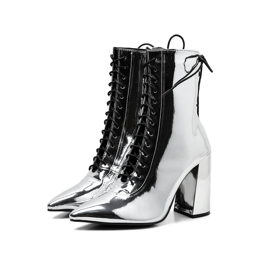 

LanLoJer New Lace Up Womens Mid-Calf Boots Chelsea Boots Zipper Punk Boots Pointed Toe High Heels Pumps Ladies Martin Boots