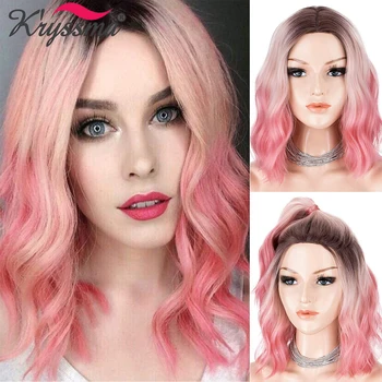

Kryssma For Women Cosplay Wigs Ombre Pink Blue Wig Short Bob Wavy Synthetic Wigs With Black Roots Heat Resistant Fiber Hair