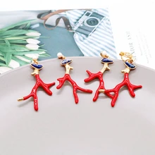 Красная эмаль ветка синие серьги Камни