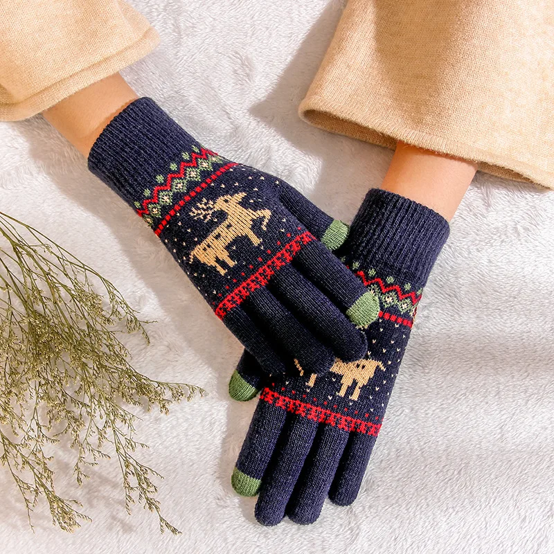 dark blue Перчатки женские зимние утепленные теплые милые студенческие шерстяные вязаные Рождественские перчатки гуанты Invierno Mujer варежки - Color: dark blue