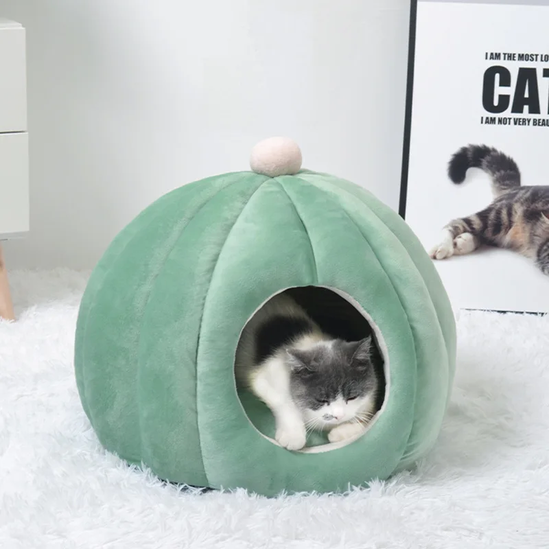 

Autumn Winter Semi Closed Warm Cat Bed Plush Round Pet Nest Soft And Comfortable Cactus Type Large Space Deep Sleep Pet Supplies