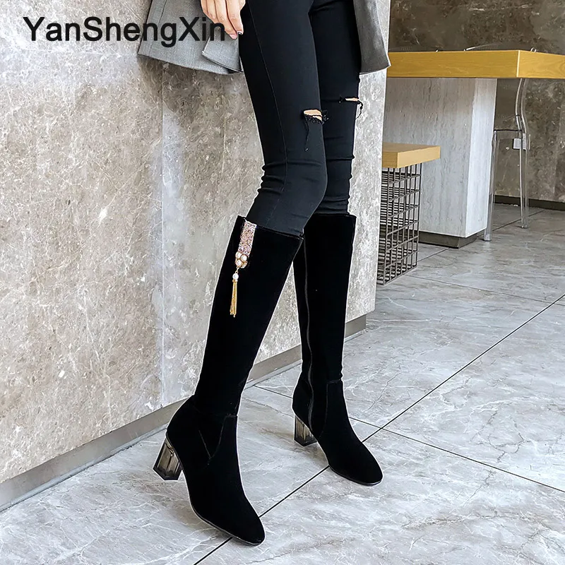 YANSHENGXIN/обувь женские ботинки сапоги до колена с жемчугом женская обувь на каблуке
