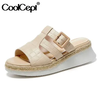 

CoolCept Women Sandals Shoes Open Toe Slip On Shoes Stone Pattern Real Genuine Leather Shoes Summer Female Footwear Size 34-39