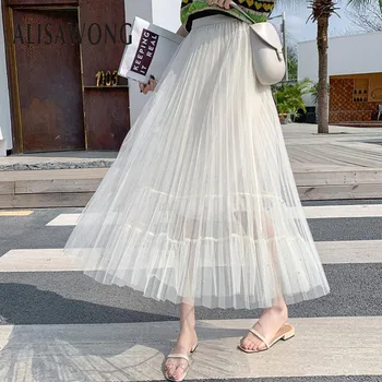 

2020 Summer New Women Medium Long Mesh Skirt Fashion Basics Ladies Heavy Industry Nail Bead Patchwork Mesh Pleated Skirts