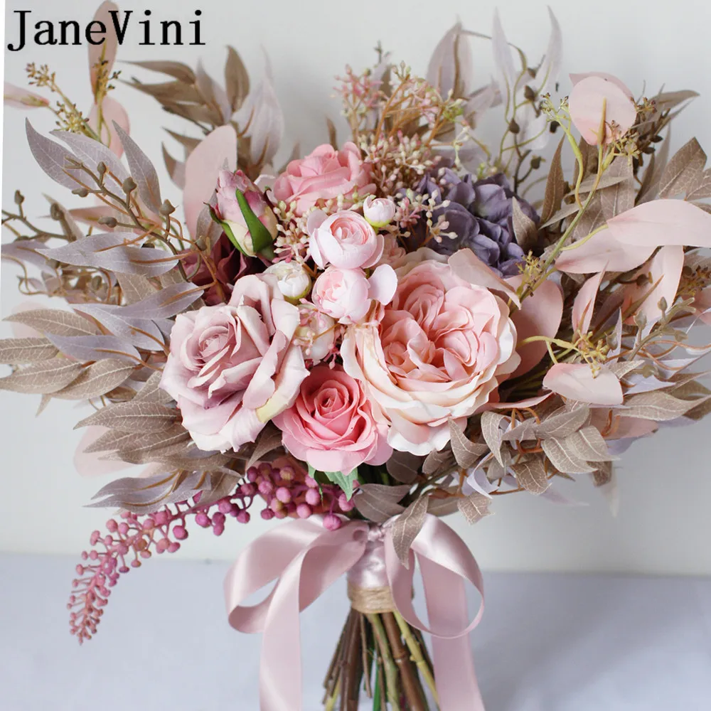 JaneVini Vintage Pink Flower Wedding Bouquet Bridal Holding Silk Rose Peony Hydrange Autumn Bouquet De Fleurs Artificielles 2020