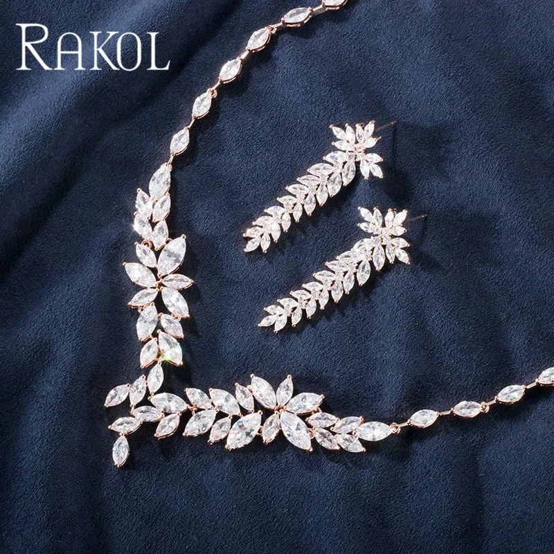 RAKOL, винтажный, элегантный, кубический циркон, женский, ожерелье, серьги, ювелирный набор, модный, Свадебный, для невесты, свадебное платье, аксессуары RS03051