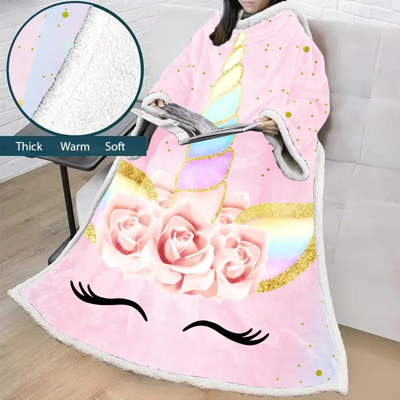 Одеяло с единорогом с рукавами мультяшный 3D плюшевый, с принтом Микрофибры Шерпа флисовый диван одеяло на открытом воздухе Коралловое одеяло с рукавами теплое Манта - Цвет: color6