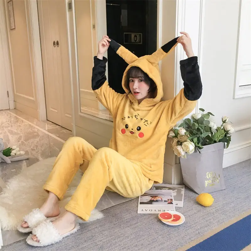 Японское аниме Pikachu фланелевая домашняя одежда Пикачу, мягкая Пижама с ушками для влюбленных, Семейные комплекты одежды для сна, штаны для косплея, костюм