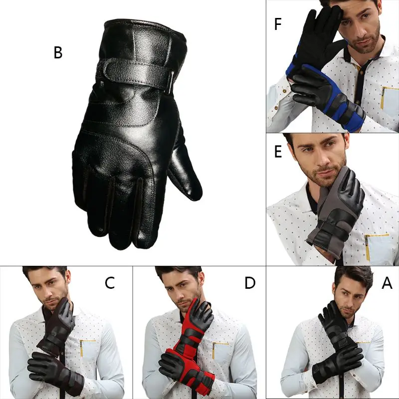 1Pair Men Winter Warm Liner Full Finger Gloves Anti-slip Leather Driving Mittens A69C