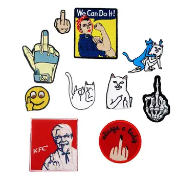 

funny MIDDLE FINGER Up SKULL cat Embroidered biker Patches hook and iron on backing