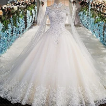 LS00169 платье люксроскошные свадебные платья с вышивкой из бисера бальное платье с коротким рукавом с высоким вырезом кружево с белым принцессой реальные фото