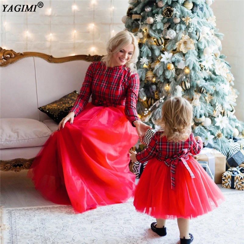 YAGIMI Autumn Mommy and Me Clothes Tulle Tutu Dress Mother Daughter Red Plaid Lace Dress Mommy and Daughter Matching Clothes