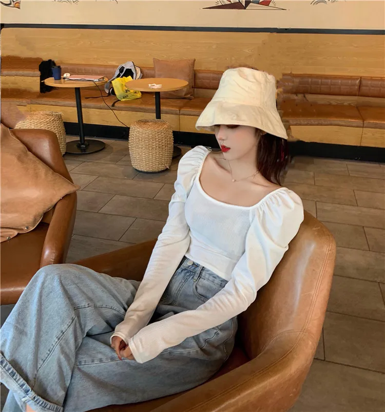 

spring autumn new square collar long sleeve T-Shirts fashion brand basic casual Korean style Simple tops Women's Clothing hot