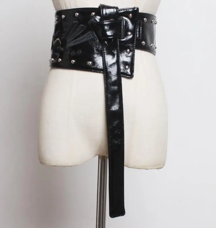 Женское подиумное модное платье из искусственной кожи с вышивкой и заклепками, женское платье, корсеты, пояс, ремни, украшение, широкий пояс R2409