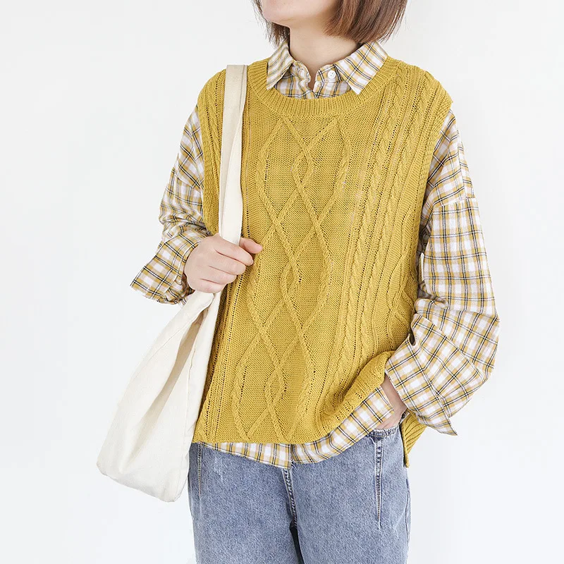 

Johnature Women O-Neck Sleeveless Sweater Knitted Cotton 2019 Autumn New Solid Color Women Cloths Vintage Vest Sweater