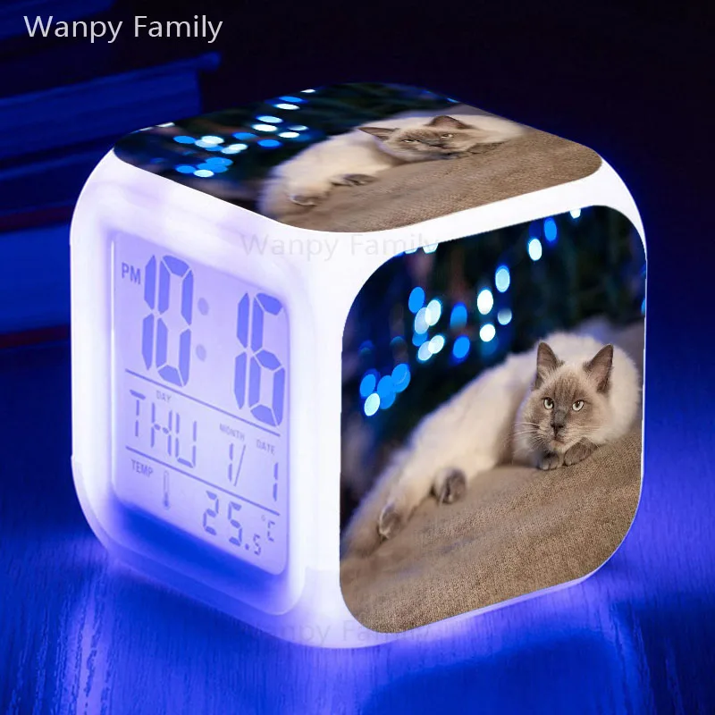 Милая домашняя кошка Будильник 7 цветов светящийся светодиодный цифровой детский будильник с большим экраном подарок на день рождения многофункциональные электронные часы - Цвет: Фиолетовый