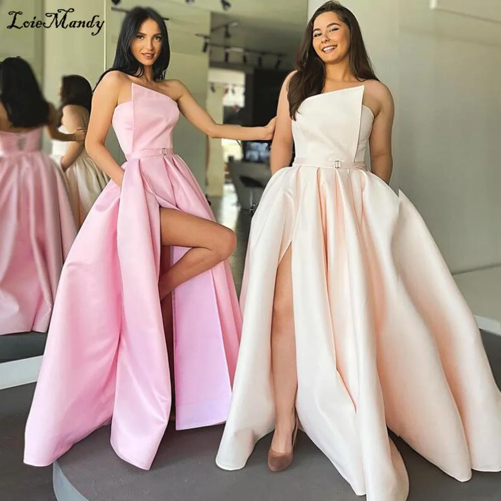

Strapless Satin Prom Dresses With Pocket Sexy High Split Evening Party Gowns For Women Long Formal Plus Size Vestidos de gala