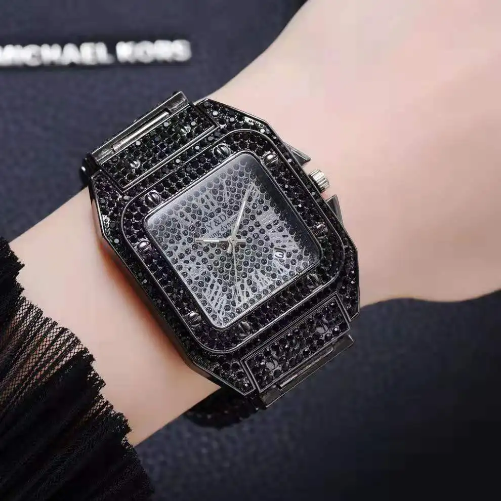 Luxury Watches for Women Men Luxury Hip Hop Iced Out Watches for Women Quartz Rectangle Rapper Black Gold Wristwatch Reloj Mujer