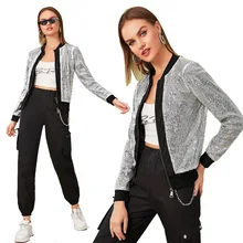 Echoine Women's casual silver sequin bomber jacket female sexy streetwear windbreaker ladies coats autumn winter outerwear