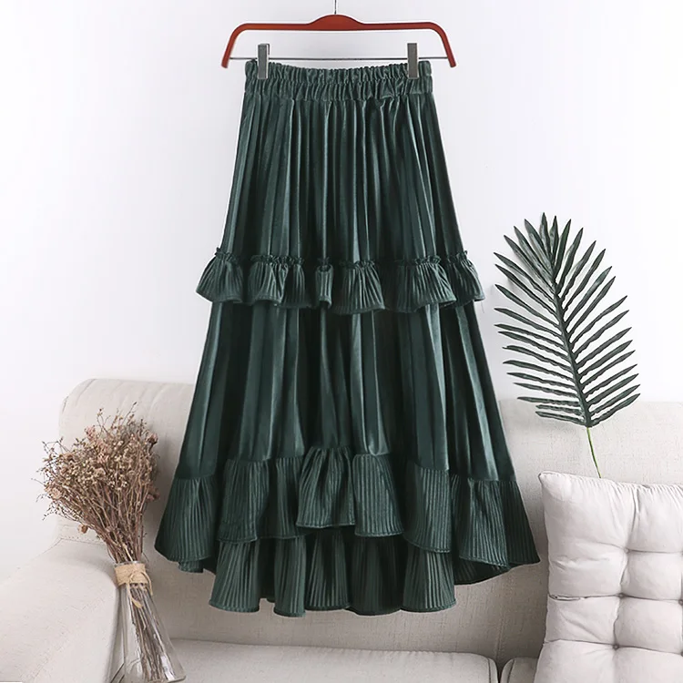 black grey white beige flexible elastic high waist asymmetrical ruffles pleated winter skirt for women womens vintage skirts