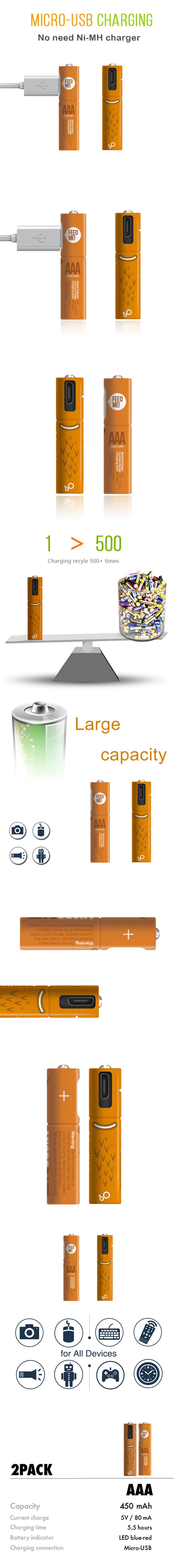 2 шт AAA перезаряжаемые саморазрядные батареи 1,2 V 450mAh Ni-MH батареи