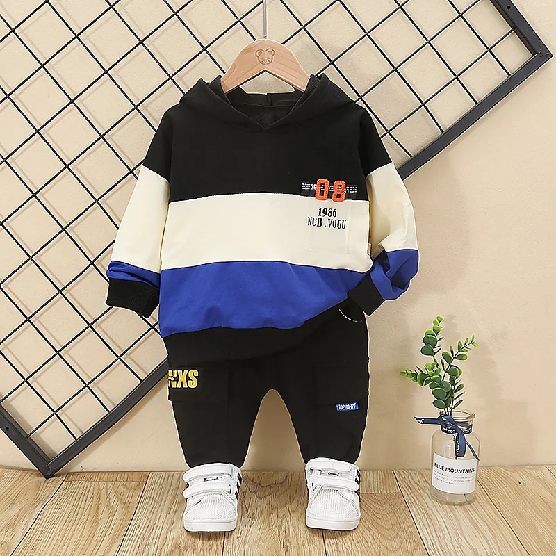 Blue no shoes Спортивная одежда для мальчиков; детский спортивный костюм; топ с капюшоном+ черные брюки в полоску; Лоскутная одежда для малышей; одежда для кемпинга - Цвет: Blue no shoes