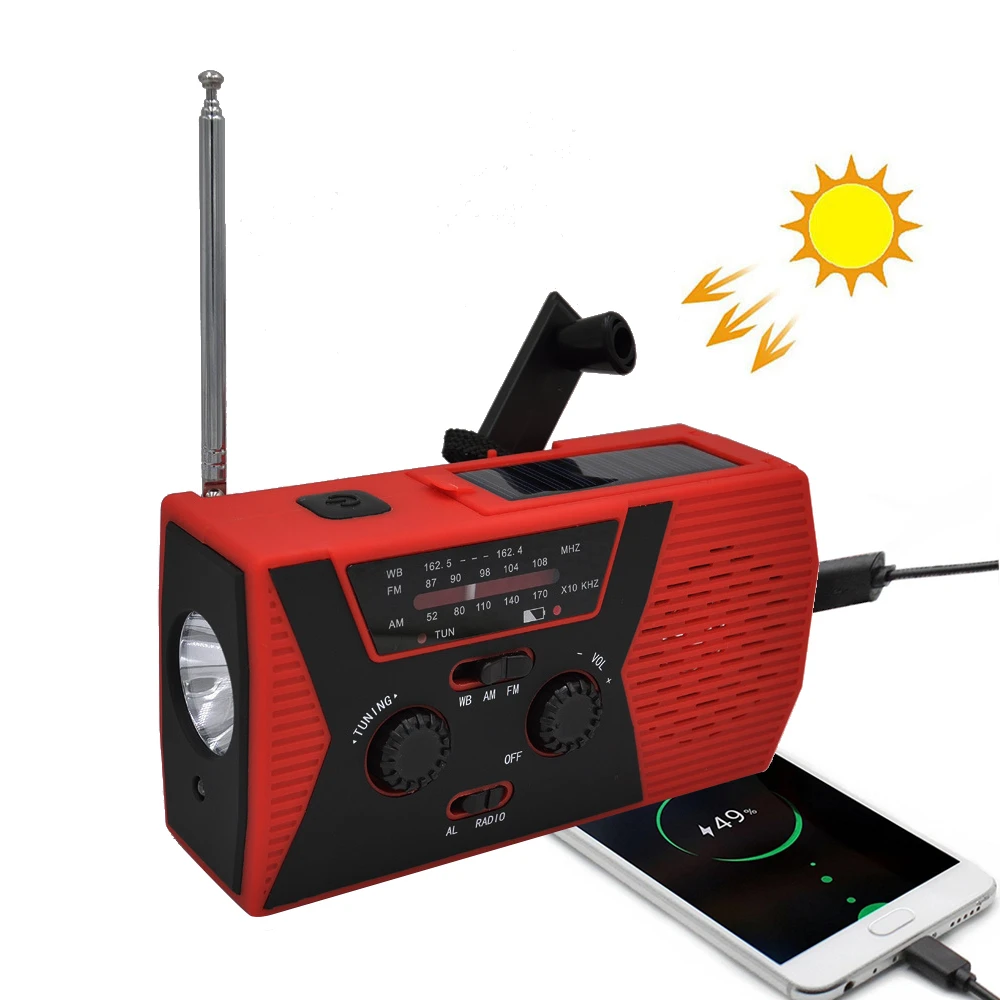 

LED Flashlight SOS Solar Hand Crank Dynamo Powered AM/FM Spotlight Lamp Use Emergency Power Bank With NOAA Radio