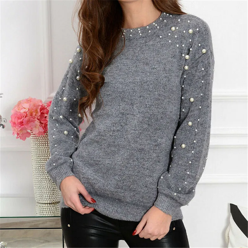 

Women Solid Round Neck Long Sleeve Sweater 2019 New Women Casual Sexy Pearl Decoration Sweater Warm Autumn Winter Gray Sweater