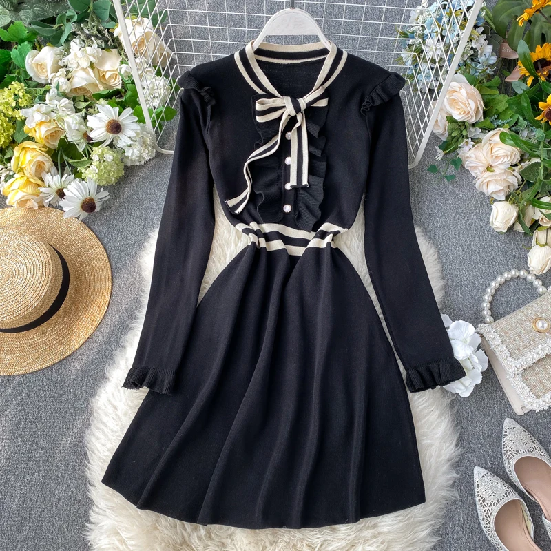 

Autumn Vintage Ruffle Knitted Sweater Dress Casual Long Sleeve Bow Collar Women Dresses Fall Korean Chic New Robe Mujer 2020