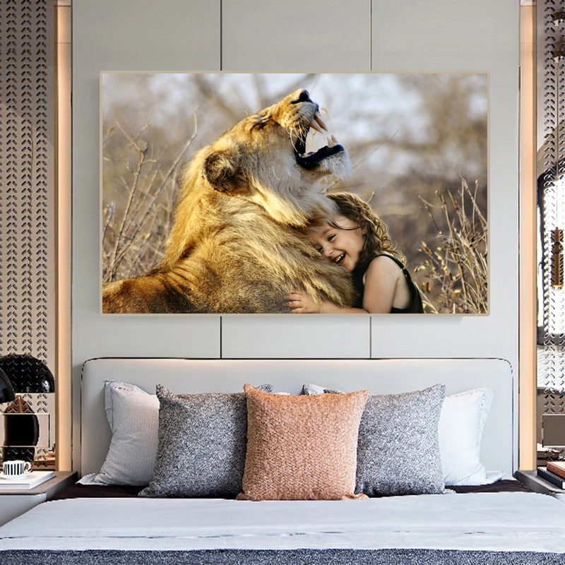 Африканское животное лев и маленькая девочка лекарственная Картина на холсте