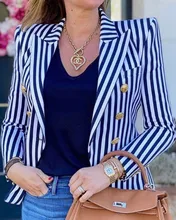 2021 women's new blue button design stripe print blazer women's self-cultivation temperament commuter business wear autumn