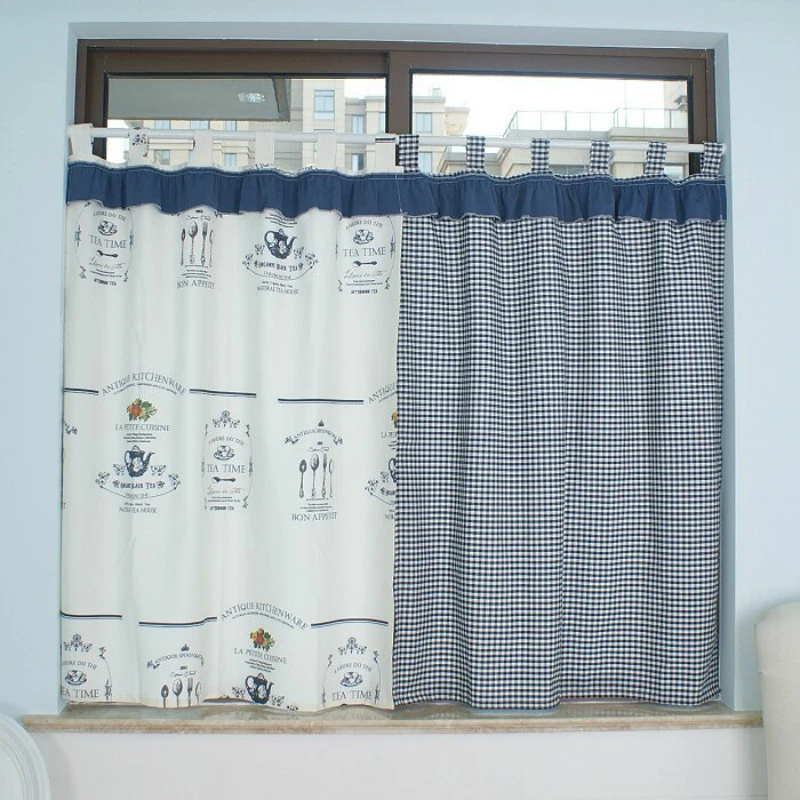 Dunxdeco Rideau Court Pour Porte De Cuisine Demi Cortinas 2 Pieces Moderne Classique Style Francais Impression D Art Alimentaire Bleu A Carreaux Aliexpress