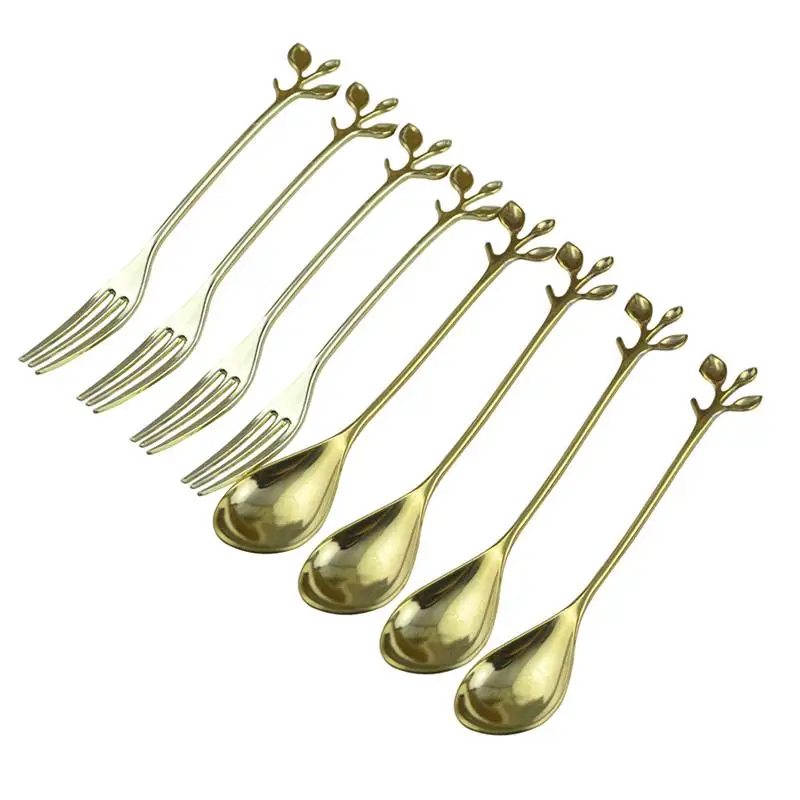 Gold HHO-8Pcs/открыли филиал листья Форма кофейная/чайная ложка десерт салат вилки для фруктов, столовые приборы мороженое помешивая ложкой дома Кухня п - Цвет: Gold