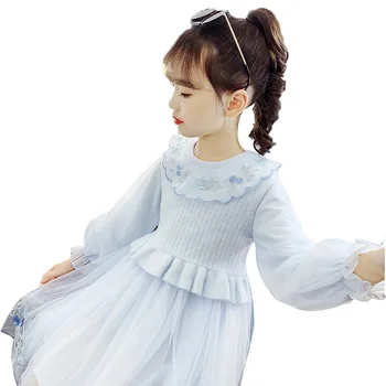 

Girls' Dresses 2020 Autumn Winter New Lantern Sleeve Embroidered Lapel Dress + Knitted Vest Two-piece Fashion Clothes for Girls
