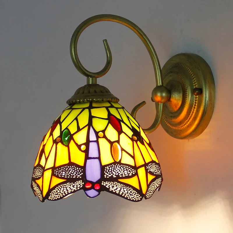 

110V 220V Tiffany style Wall Lamp Indoo Mounted Sconce Fixture dragonfly design Bedroom Decoration glass shade Lighting