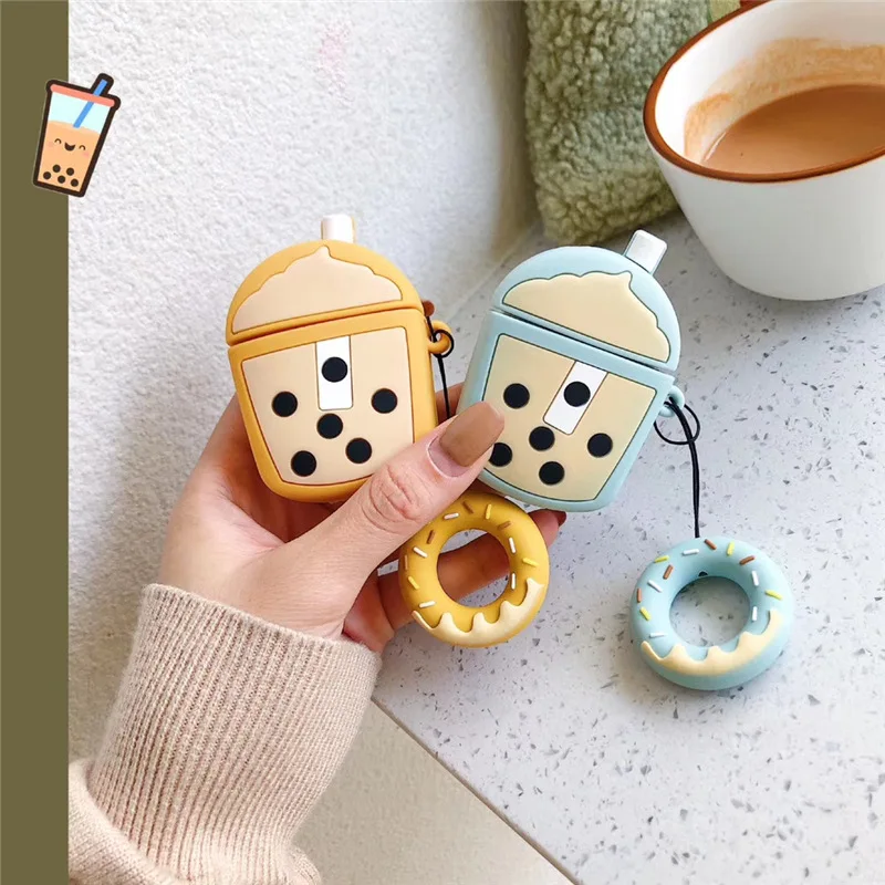 Cute Boba Headphone Case For AirPods 2 Silicone Bubble Tea Wireless Bluetooth Earphone Protective Cover With Finger Ring Strap |