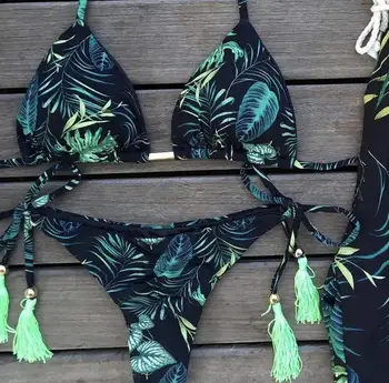 

Lady's Black and Leaf Print Bikini Summer Hot Halter Biquini Tassel Swimsuit Bathing Suit Women Swimwear traje de bano brasileno