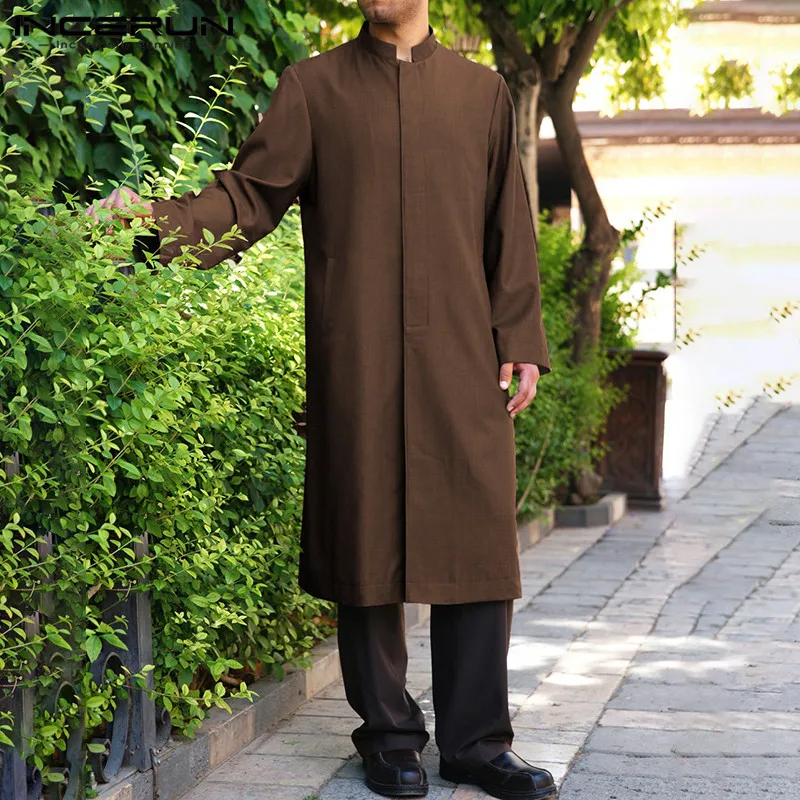INCERUN, модная мужская Однотонная рубашка с длинным рукавом, куртки, Повседневная трендовая мусульманская одежда на пуговицах, мужская длинная блуза, juba thebe, уличная одежда