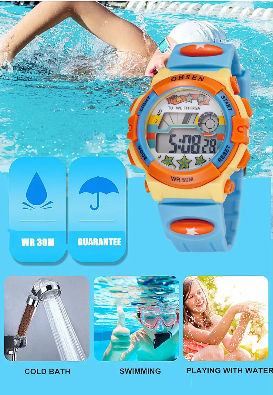 OHSEN Kids Sport Watches 50M Waterproof Red Cartoon Digital Wristwatch Stopwatch Electronic LED Children Watch For Boys Girls 5