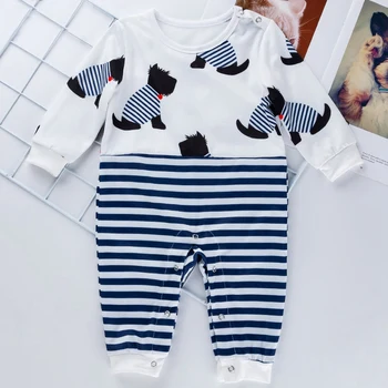 

Children's Clothing Baby Clothing Long-Sleeved Striped Dog Print Conjoined Clothes