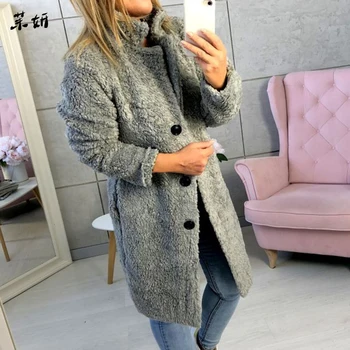 

2019 Women's Plush Coat Autumn Winter Women Button Jacket Casual Warm Turn Down Collar Fur Outwear Mid-Length Woolen Jackets