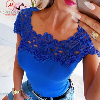

Women Summer T-Shirt Hollow Out Design Ladies T-Shirt Lace Deocr O-Neck Short Sleeve Solid Color Top Fashion Slim Fit Clothes