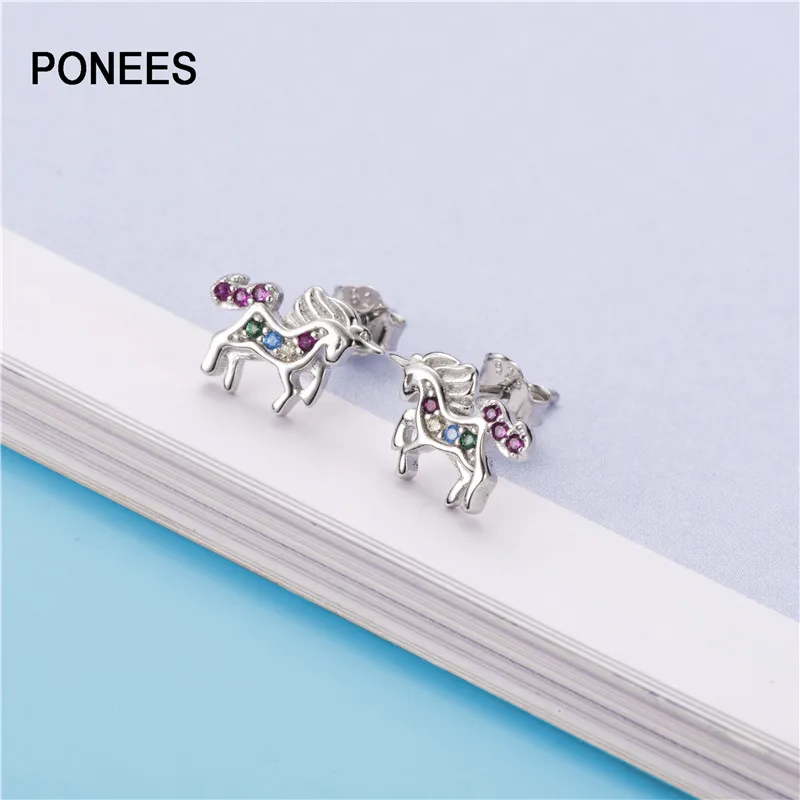 Ponees 925 пробы серебряные модные серьги-гвоздики в виде единорога для женщин девочек самые популярные ювелирные изделия с фианитами